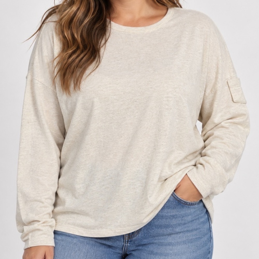 Lauren Ralph Lauren Large 100% Cotton Ivory Long Sleeve Logo Pocket Top LRL